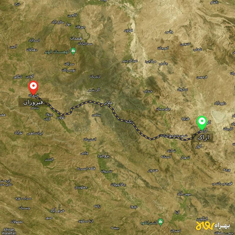 مسافت و فاصله فیروزان - همدان تا اراک - آبان ۱۴۰۳
