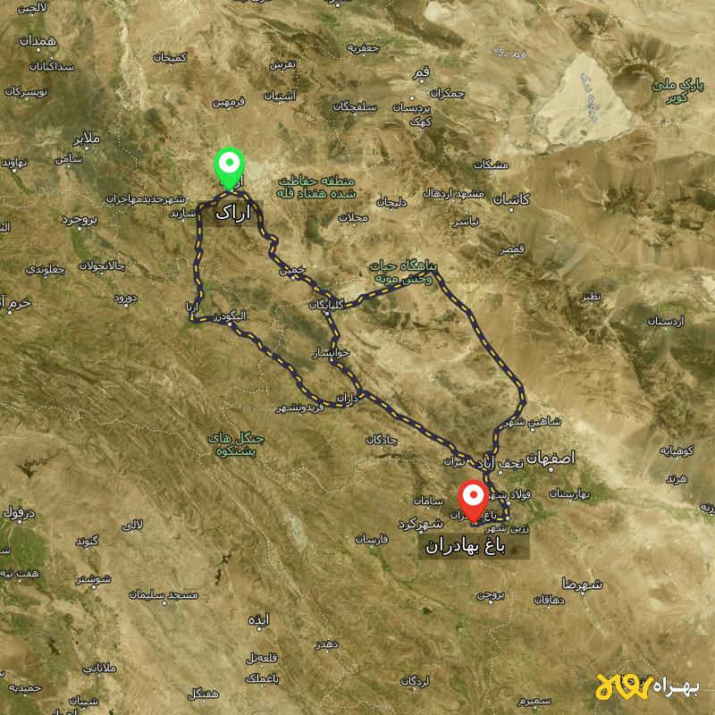 مسافت و فاصله باغ بهادران - اصفهان تا اراک از ۳ مسیر - آذر ۱۴۰۳