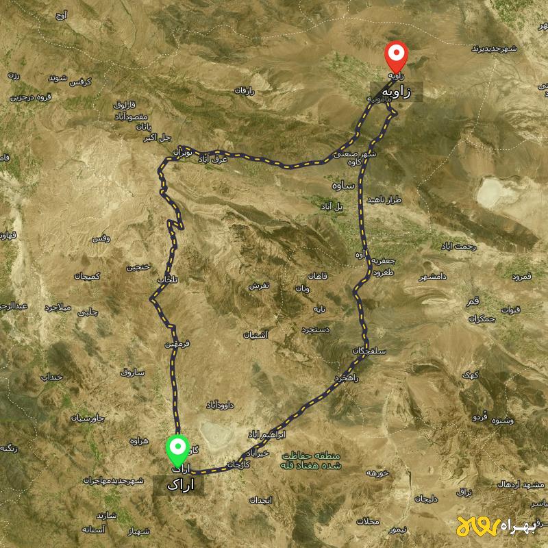مسافت و فاصله زاویه - مرکزی تا اراک از ۲ مسیر - اردیبهشت ۱۴۰۳