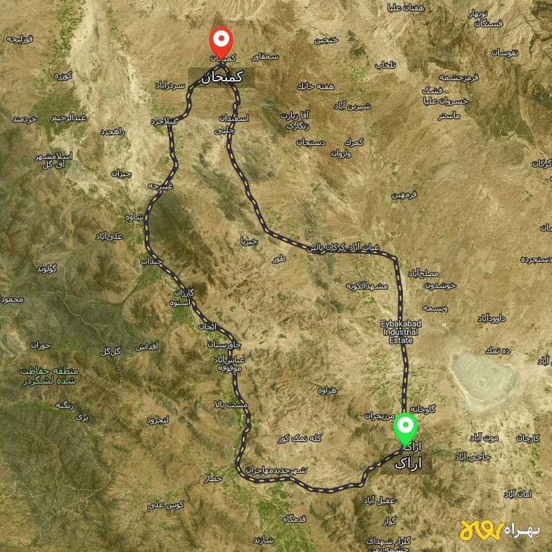 مسافت و فاصله کمیجان - مرکزی تا اراک از ۲ مسیر - اردیبهشت ۱۴۰۳