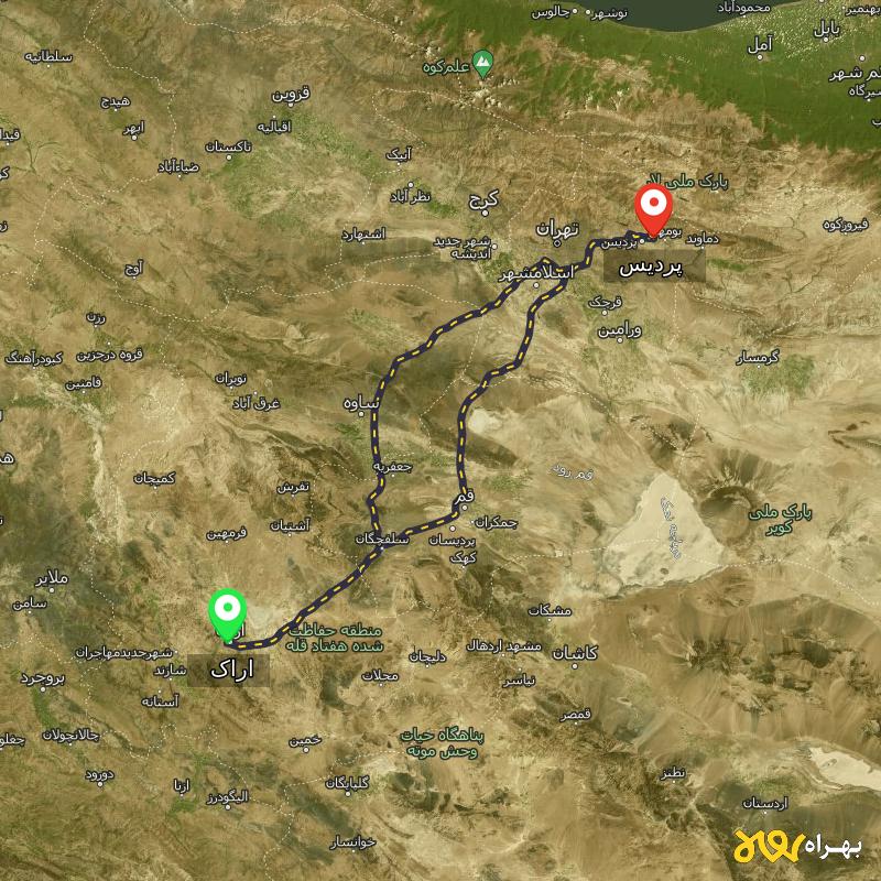 مسافت و فاصله پردیس - تهران تا اراک از ۲ مسیر - مهر ۱۴۰۳
