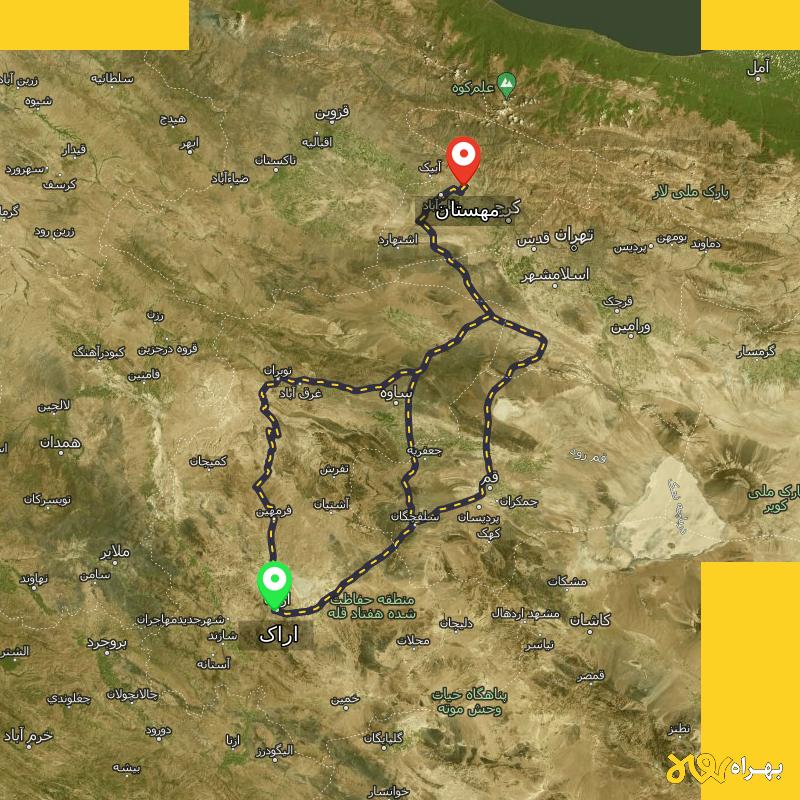مسافت و فاصله مهستان تا اراک از ۳ مسیر - آذر ۱۴۰۳