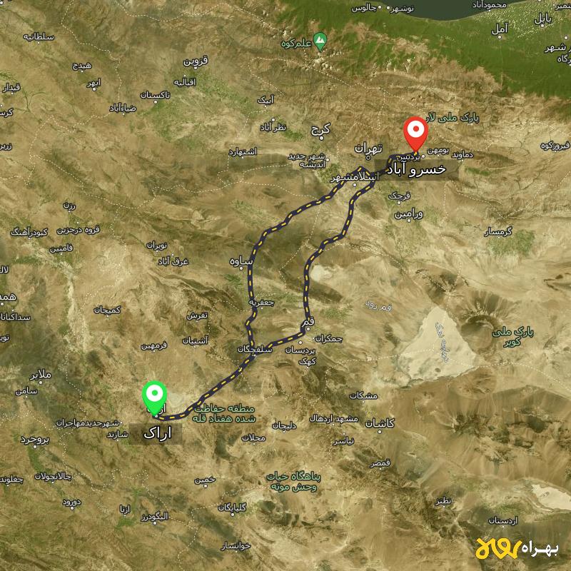 مسافت و فاصله خسرو آباد - تهران تا اراک از ۲ مسیر - مرداد ۱۴۰۳