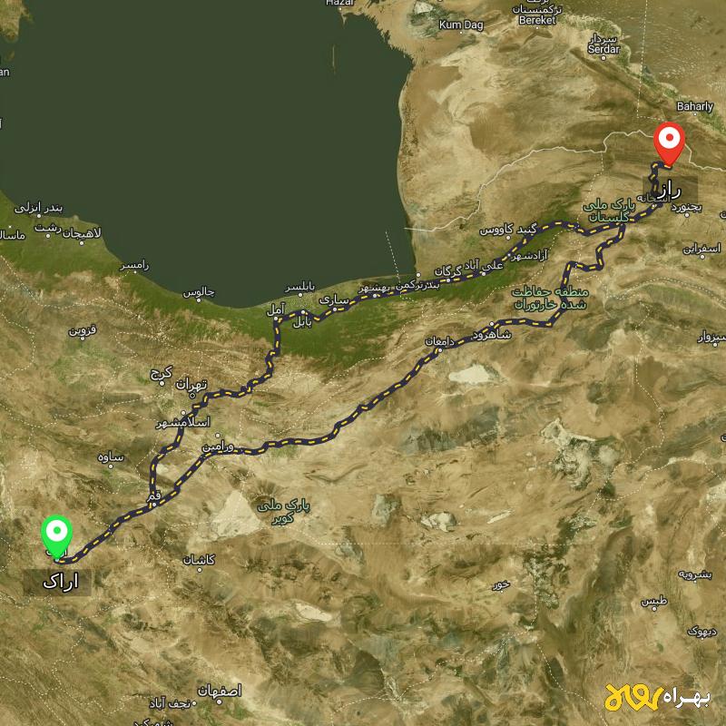 مسافت و فاصله راز - خراسان شمالی تا اراک از ۲ مسیر - مرداد ۱۴۰۳