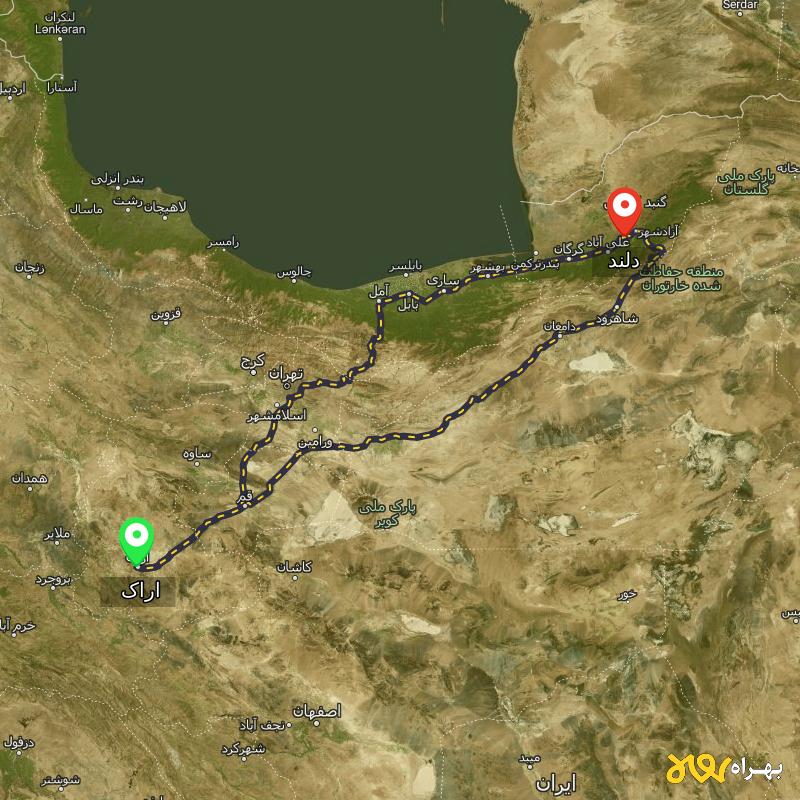 مسافت و فاصله دلند - گلستان تا اراک از ۲ مسیر - دی ۱۴۰۳