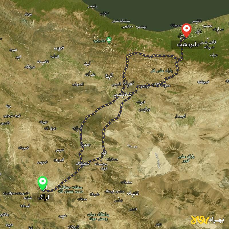 مسافت و فاصله دابودشت - مازندران تا اراک از ۲ مسیر - شهریور ۱۴۰۳