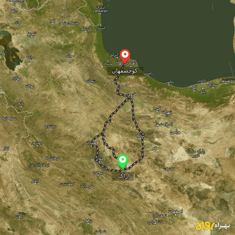 مسافت و فاصله کوچصفهان - گیلان تا اراک از ۳ مسیر - مرداد ۱۴۰۳