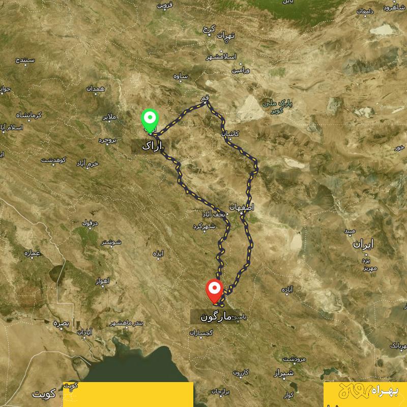 مسافت و فاصله مارگون - کهگیلویه و بویر احمد تا اراک از ۲ مسیر - آبان ۱۴۰۳