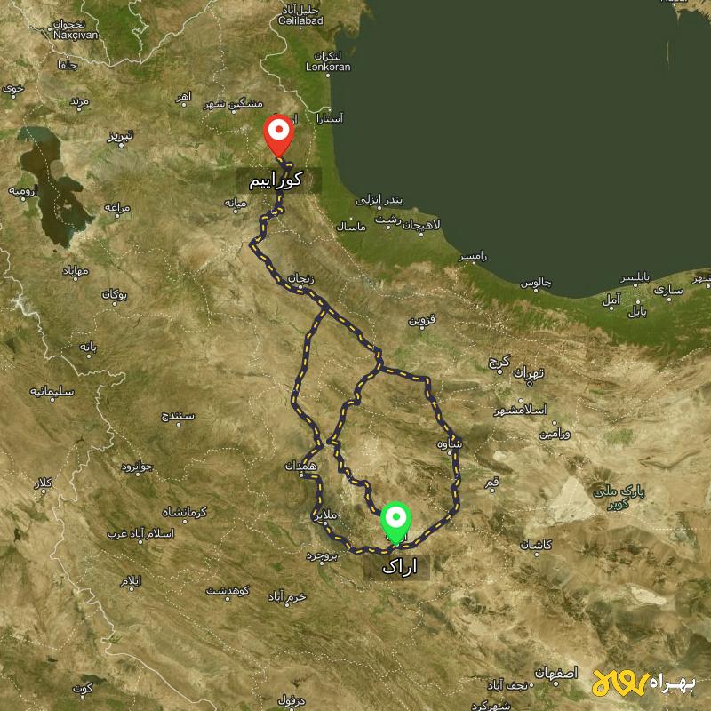 مسافت و فاصله کوراییم - اردبیل تا اراک از ۳ مسیر - آذر ۱۴۰۳