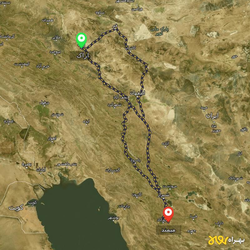 مسافت و فاصله میمند - فارس تا اراک از ۳ مسیر - آذر ۱۴۰۳