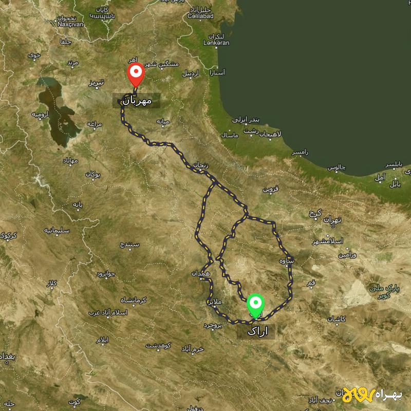 مسافت و فاصله مهربان - آذربایجان شرقی تا اراک از ۳ مسیر - مهر ۱۴۰۳