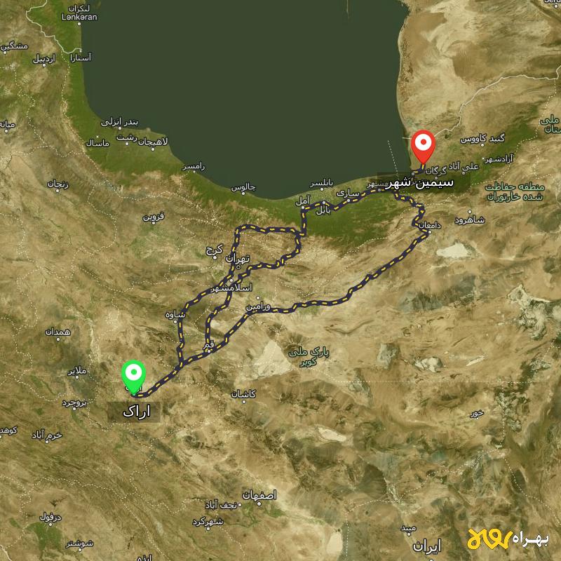 مسافت و فاصله سیمین شهر - گلستان تا اراک از ۳ مسیر - آذر ۱۴۰۳