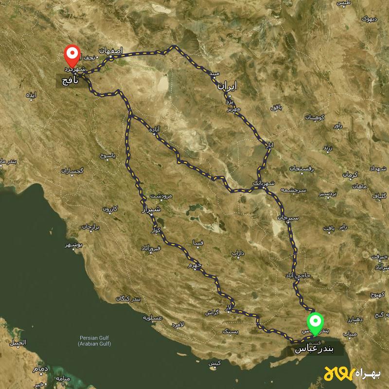 مسافت و فاصله نافچ - چهارمحال و بختیاری تا بندرعباس از ۳ مسیر - شهریور ۱۴۰۳