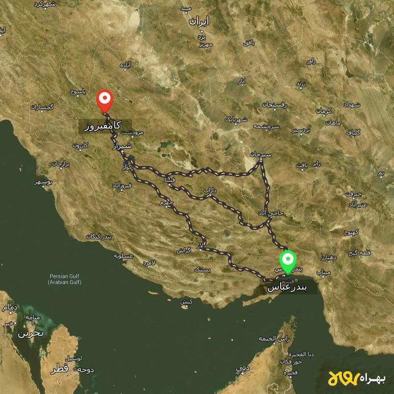 مسافت و فاصله کامفیروز - فارس تا بندرعباس از ۳ مسیر - مهر ۱۴۰۳