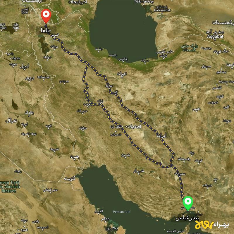 مسافت و فاصله جلفا - آذربایجان شرقی تا بندرعباس از ۲ مسیر - مرداد ۱۴۰۳