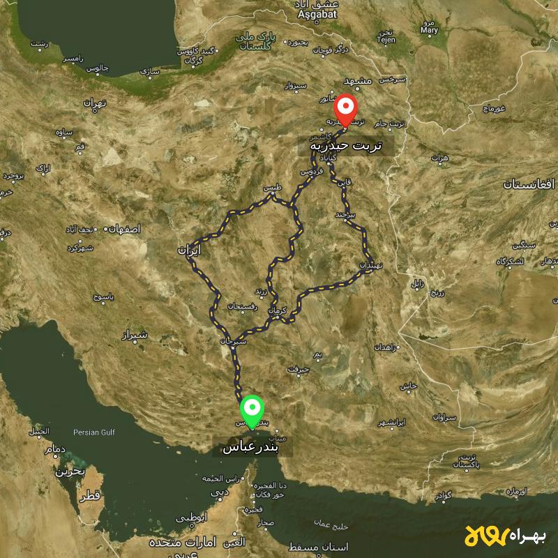 مسافت و فاصله تربت حیدریه - خراسان رضوی تا بندرعباس از ۳ مسیر - آذر ۱۴۰۳