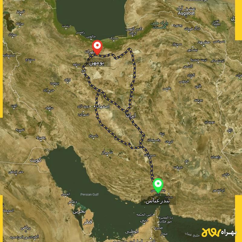 مسافت و فاصله بومهن - تهران تا بندرعباس از ۳ مسیر - آذر ۱۴۰۳