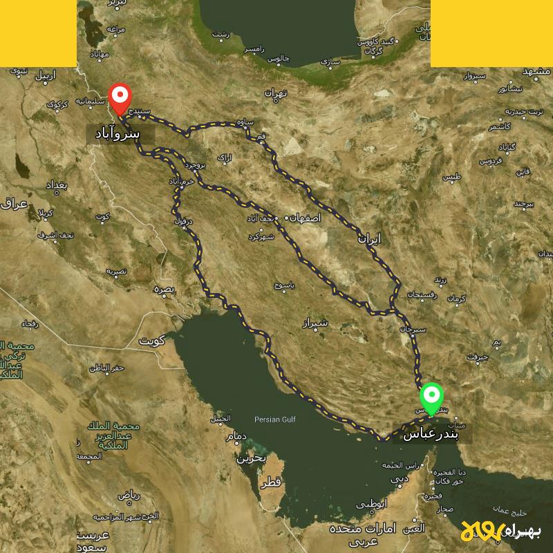 مسافت و فاصله سروآباد - کردستان تا بندرعباس از ۳ مسیر - بهمن ۱۴۰۳