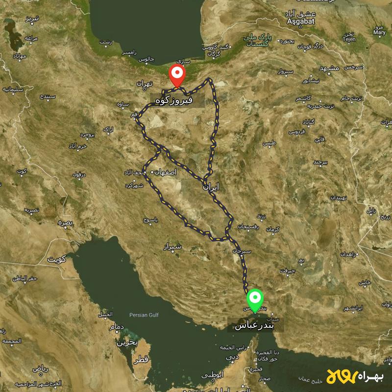 مسافت و فاصله فیروزکوه - تهران تا بندرعباس از ۳ مسیر - آبان ۱۴۰۳