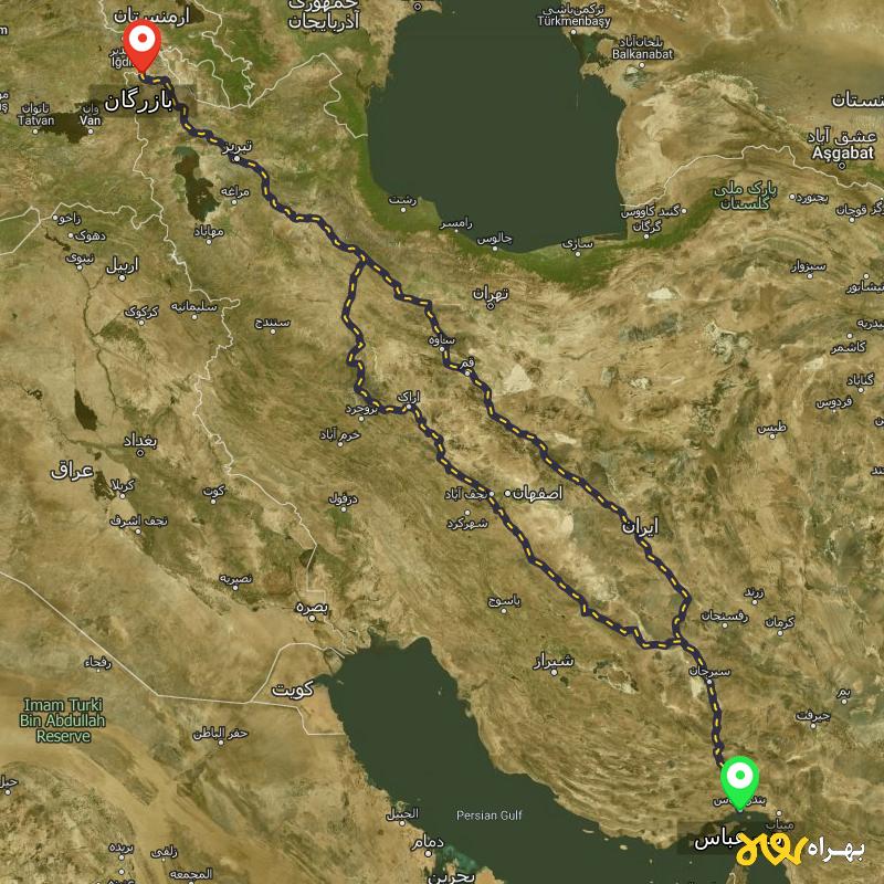 مسافت و فاصله بازرگان - آذربایجان غربی تا بندرعباس از ۲ مسیر - آذر ۱۴۰۳