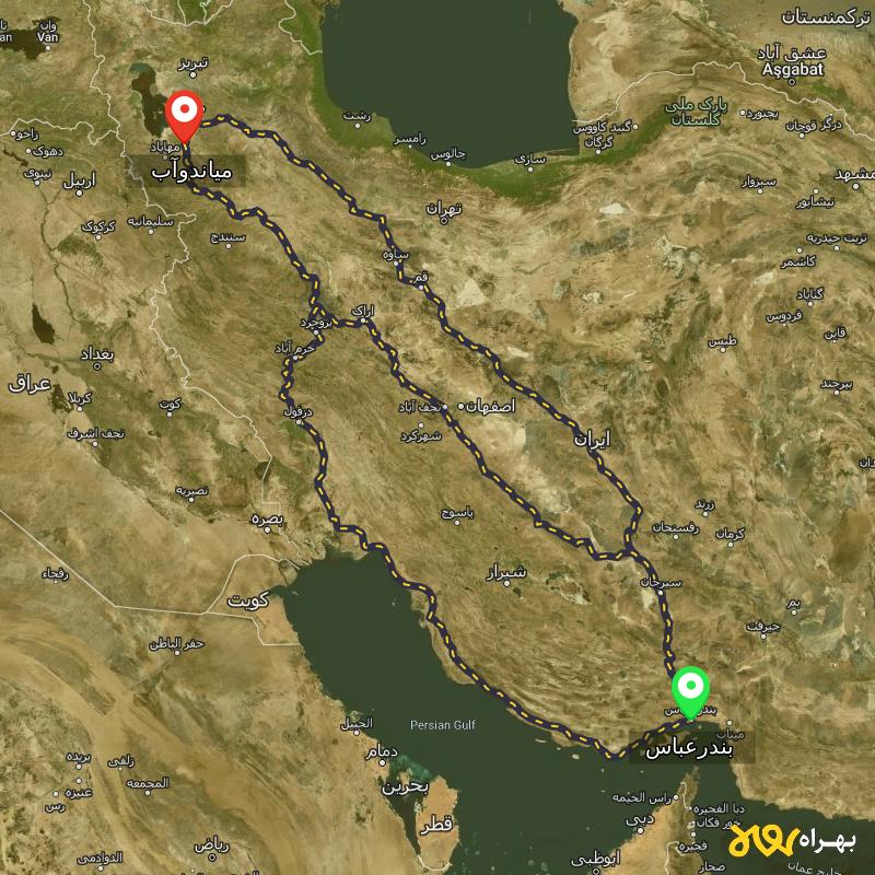 مسافت و فاصله میاندوآب - آذربایجان غربی تا بندرعباس از 3 مسیر - مسیریاب بهراه
