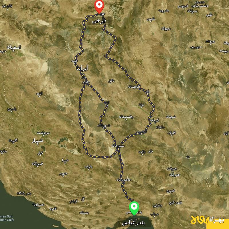 مسافت و فاصله فرخی - اصفهان تا بندرعباس از ۳ مسیر - آذر ۱۴۰۳