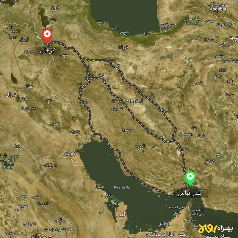 مسافت و فاصله کوخان - کردستان تا بندرعباس از ۳ مسیر - مرداد ۱۴۰۳
