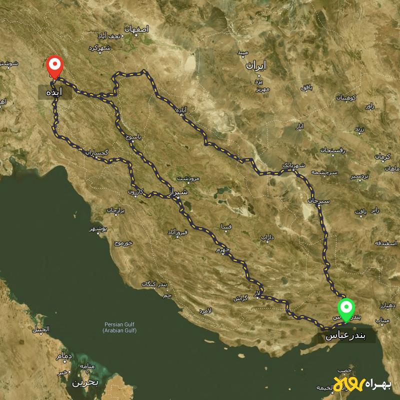 مسافت و فاصله ایذه - خوزستان تا بندرعباس از 3 مسیر - مسیریاب بهراه