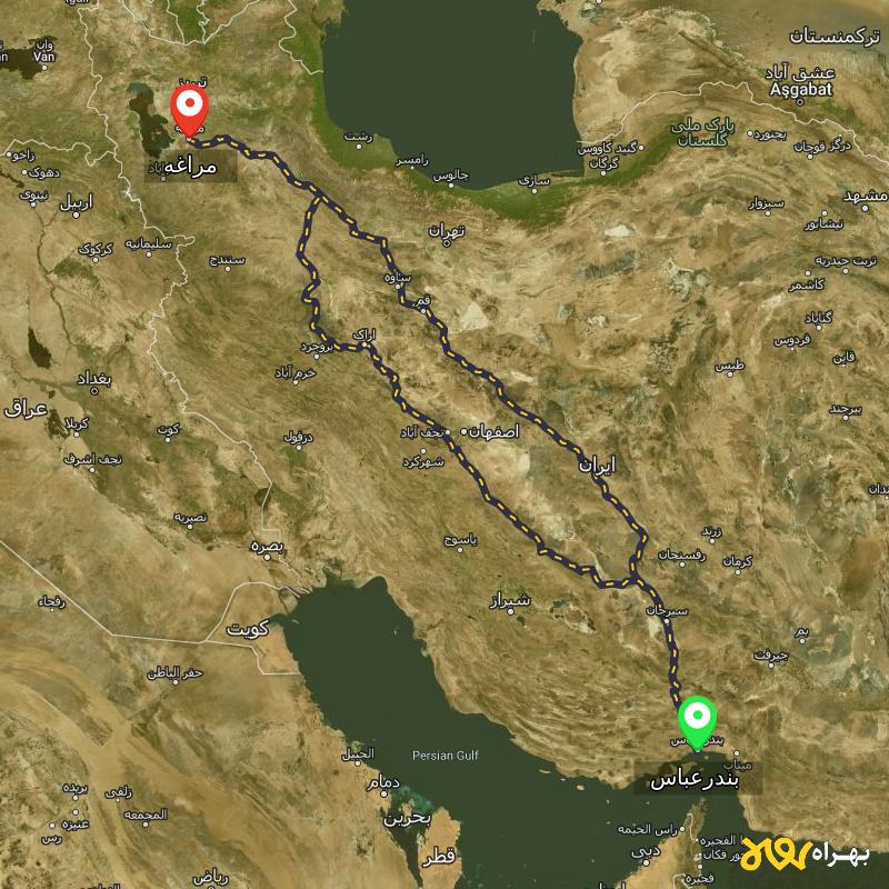 مسافت و فاصله مراغه - آذربایجان شرقی تا بندرعباس از ۲ مسیر - اردیبهشت ۱۴۰۳