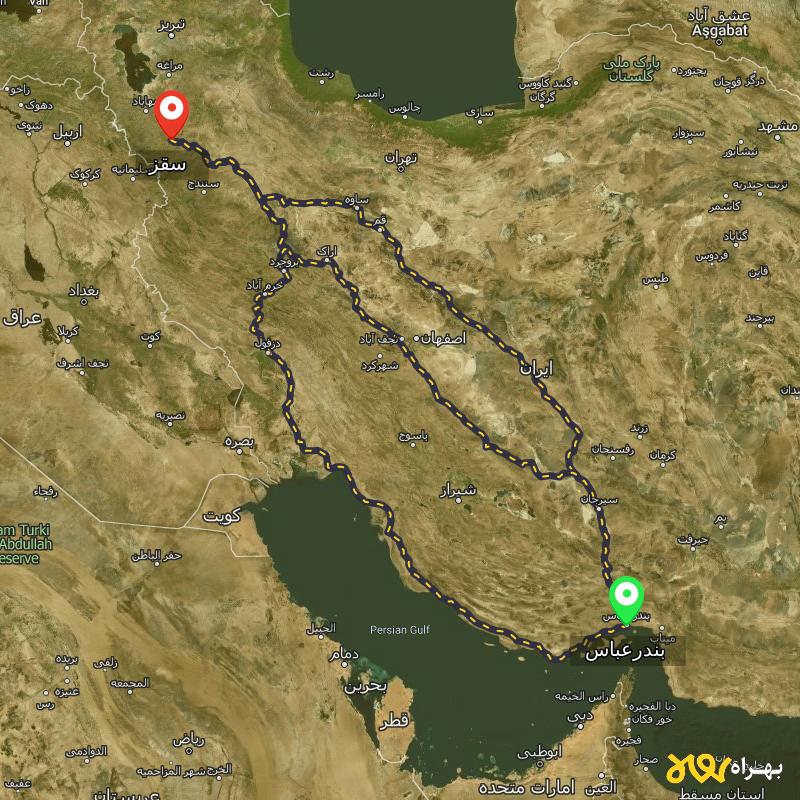 مسافت و فاصله سقز - کردستان تا بندرعباس از ۳ مسیر - مرداد ۱۴۰۳