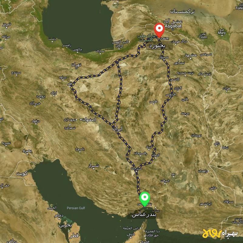 مسافت و فاصله بجنورد تا بندرعباس از ۳ مسیر - اردیبهشت ۱۴۰۳
