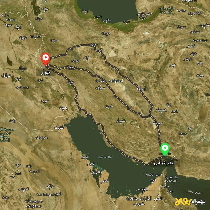 مسافت و فاصله چوار - ایلام تا بندرعباس از ۳ مسیر - آذر ۱۴۰۳
