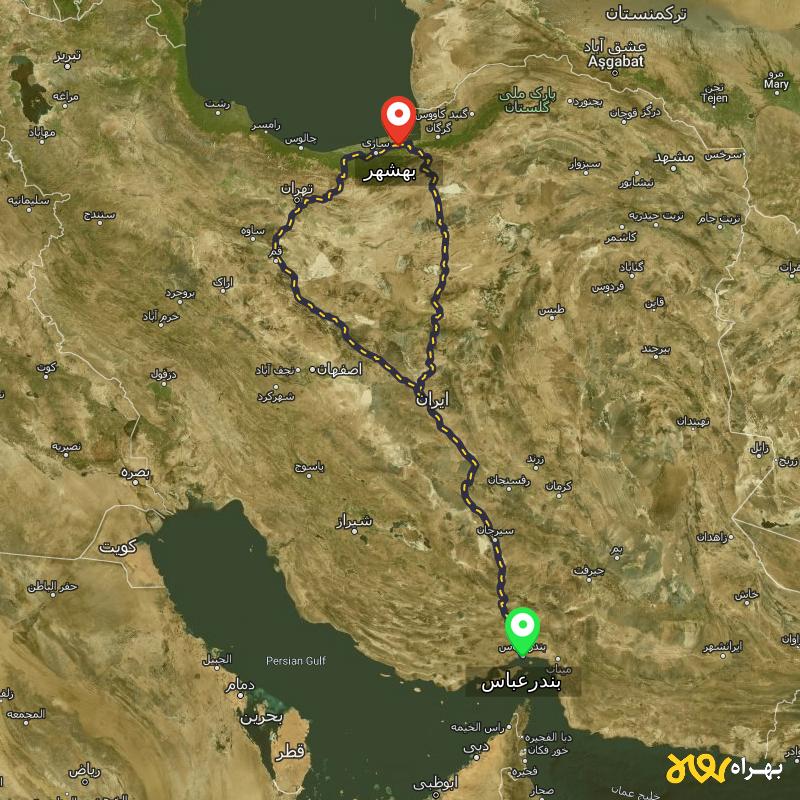 مسافت و فاصله بهشهر - مازندران تا بندرعباس از ۲ مسیر - آذر ۱۴۰۳