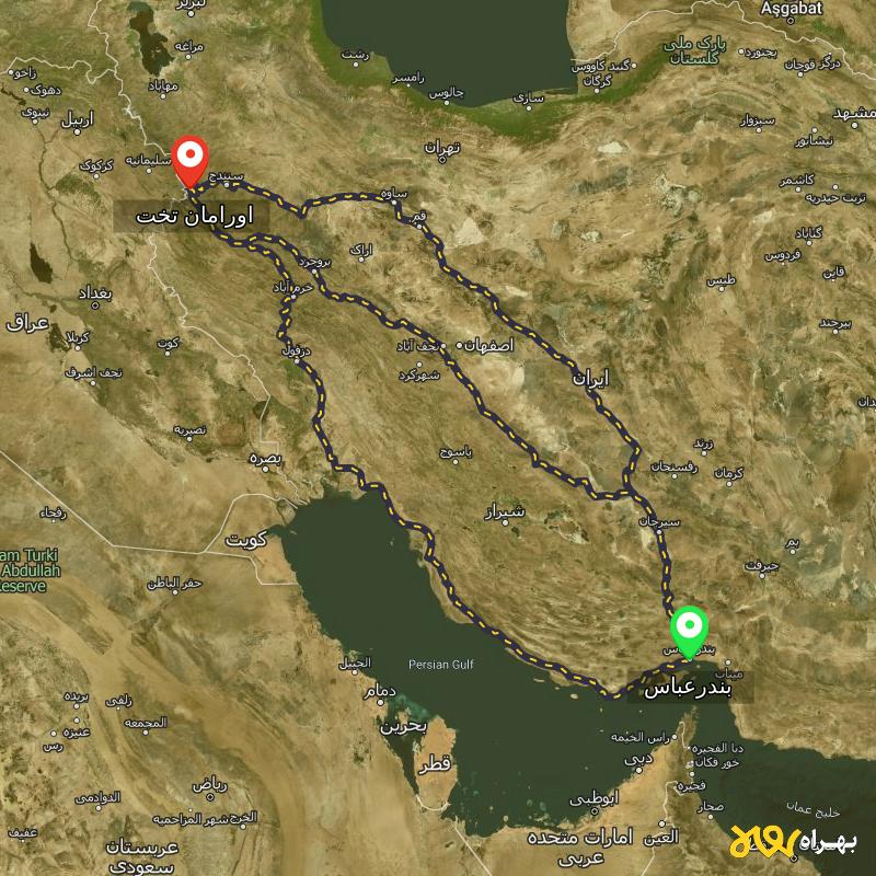 مسافت و فاصله اورامان تخت - کردستان تا بندرعباس از ۳ مسیر - آذر ۱۴۰۳
