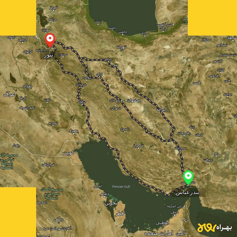 مسافت و فاصله ننور - کردستان تا بندرعباس از ۳ مسیر - مهر ۱۴۰۳