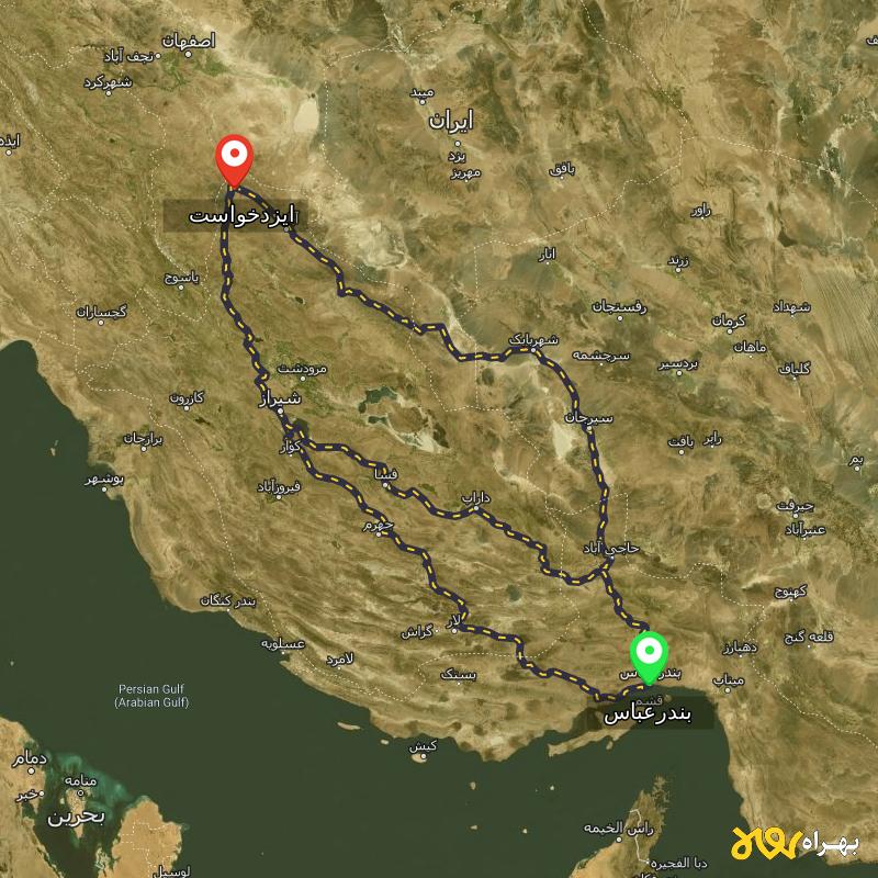 مسافت و فاصله ایزدخواست - فارس تا بندرعباس از ۳ مسیر - دی ۱۴۰۳