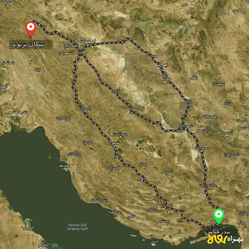 مسافت و فاصله تیتکان بزنوید - لرستان تا بندرعباس از ۳ مسیر - بهمن ۱۴۰۳