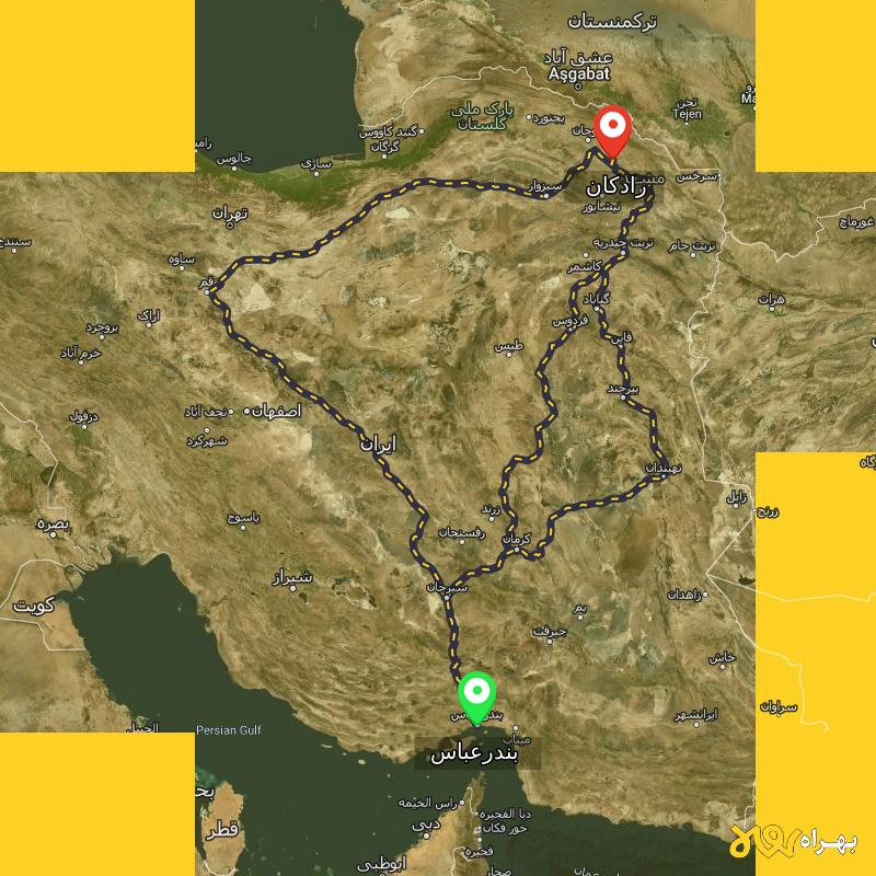 مسافت و فاصله رادکان - خراسان رضوی تا بندرعباس از ۳ مسیر - شهریور ۱۴۰۳