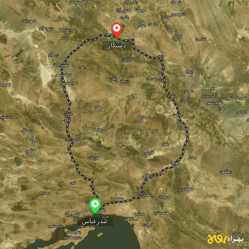 مسافت و فاصله دشتکار - کرمان تا بندرعباس از ۲ مسیر - شهریور ۱۴۰۳