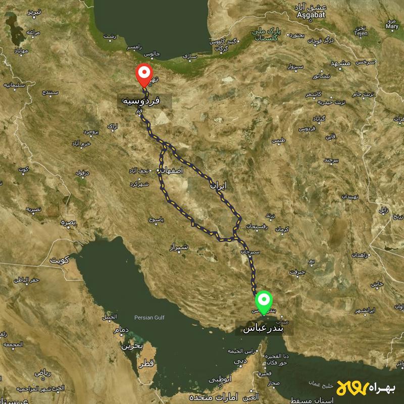مسافت و فاصله فردوسیه - تهران تا بندرعباس از ۲ مسیر - مرداد ۱۴۰۳