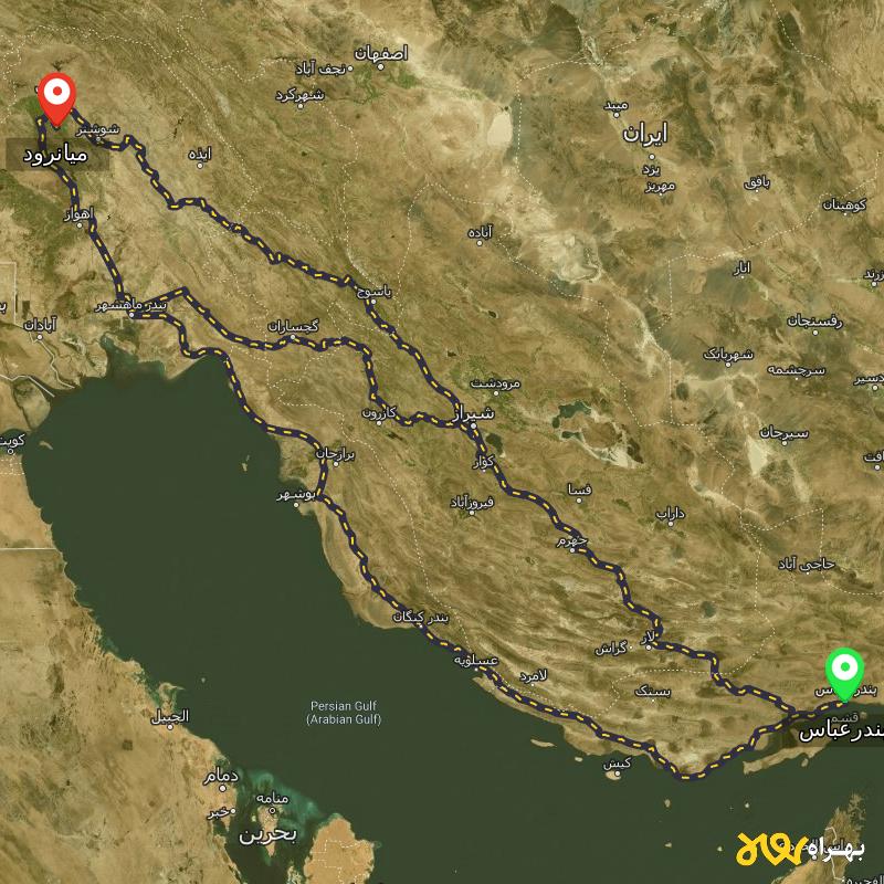 مسافت و فاصله میانرود - خوزستان تا بندرعباس از ۳ مسیر - شهریور ۱۴۰۳