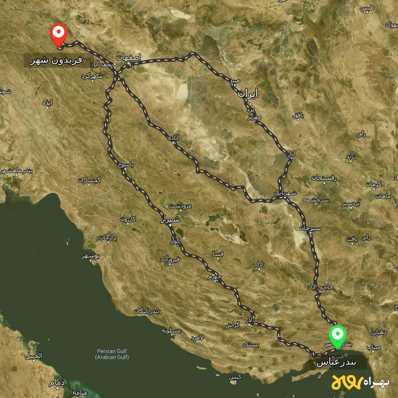 مسافت و فاصله فریدون شهر - اصفهان تا بندرعباس از ۳ مسیر - آذر ۱۴۰۳