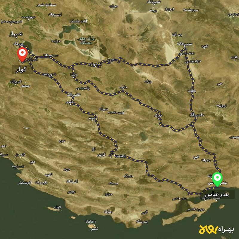 مسافت و فاصله کوار - فارس تا بندرعباس از ۳ مسیر - اردیبهشت ۱۴۰۳