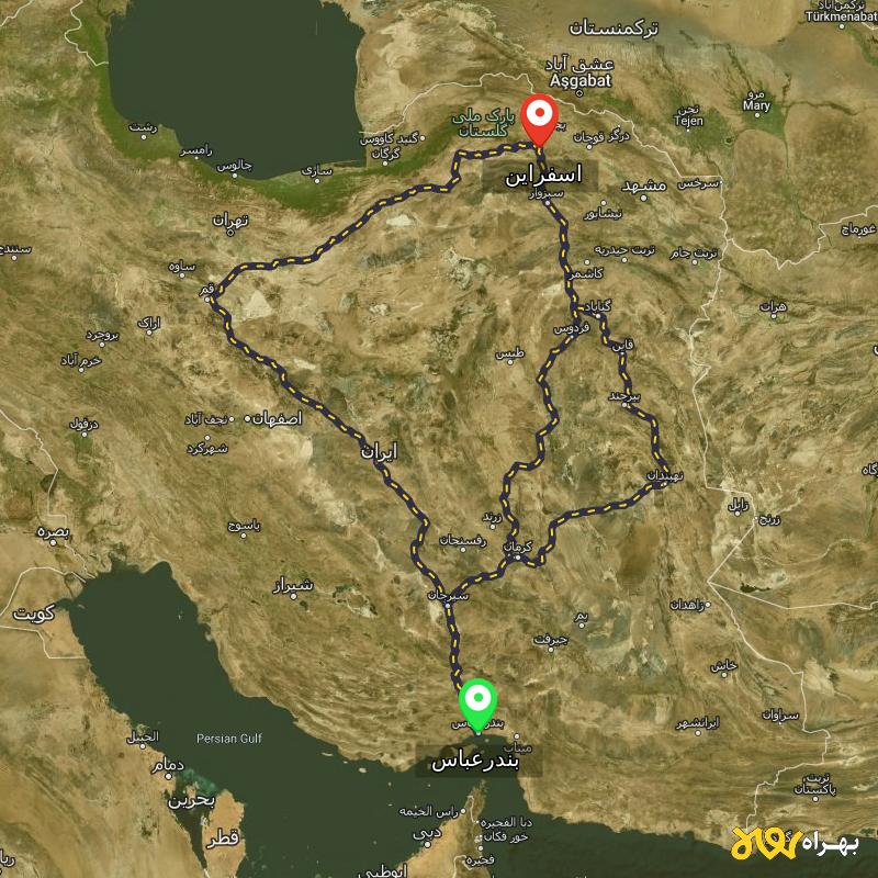 مسافت و فاصله اسفراین - خراسان شمالی تا بندرعباس از ۳ مسیر - اردیبهشت ۱۴۰۳
