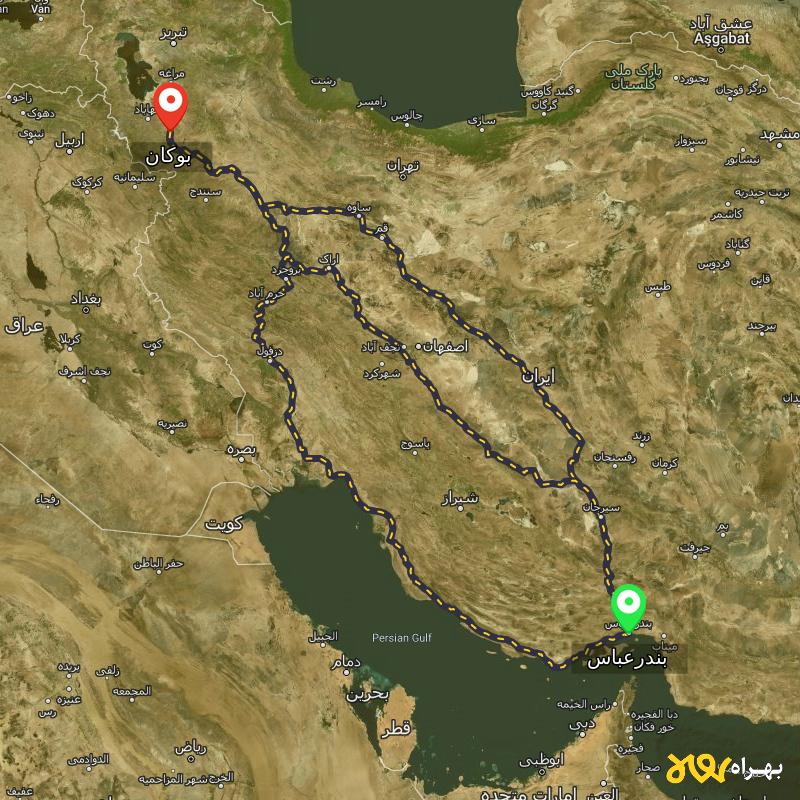 مسافت و فاصله بوکان - آذربایجان غربی تا بندرعباس از 3 مسیر - مسیریاب بهراه