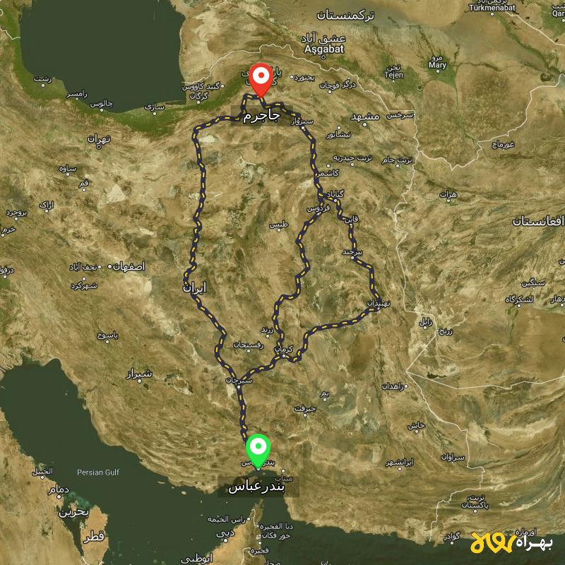 مسافت و فاصله جاجرم - خراسان شمالی تا بندرعباس از 3 مسیر - مسیریاب بهراه