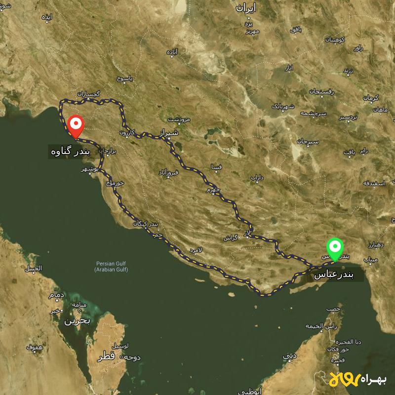 مسافت و فاصله بندر گناوه - بوشهر تا بندرعباس از 2 مسیر - مسیریاب بهراه