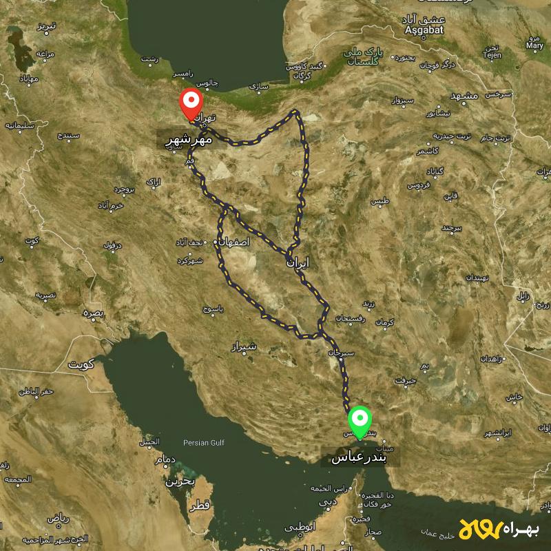 مسافت و فاصله مهرشهر - کرج تا بندرعباس از ۳ مسیر - اردیبهشت ۱۴۰۳