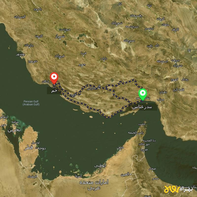 مسافت و فاصله جم - بوشهر تا بندرعباس از ۳ مسیر - اردیبهشت ۱۴۰۳