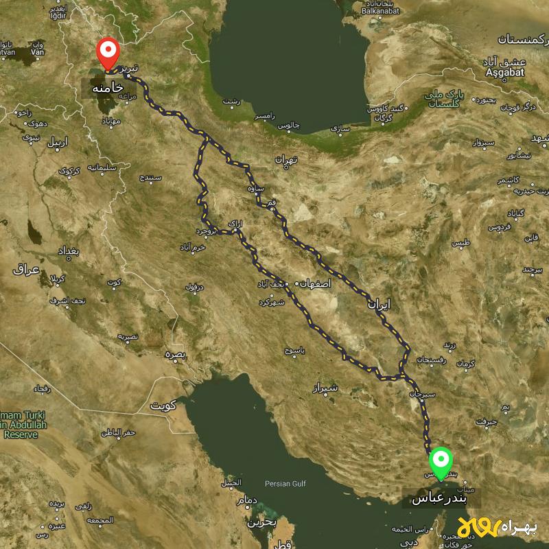 مسافت و فاصله خامنه - آذربایجان شرقی تا بندرعباس از ۲ مسیر - آذر ۱۴۰۳